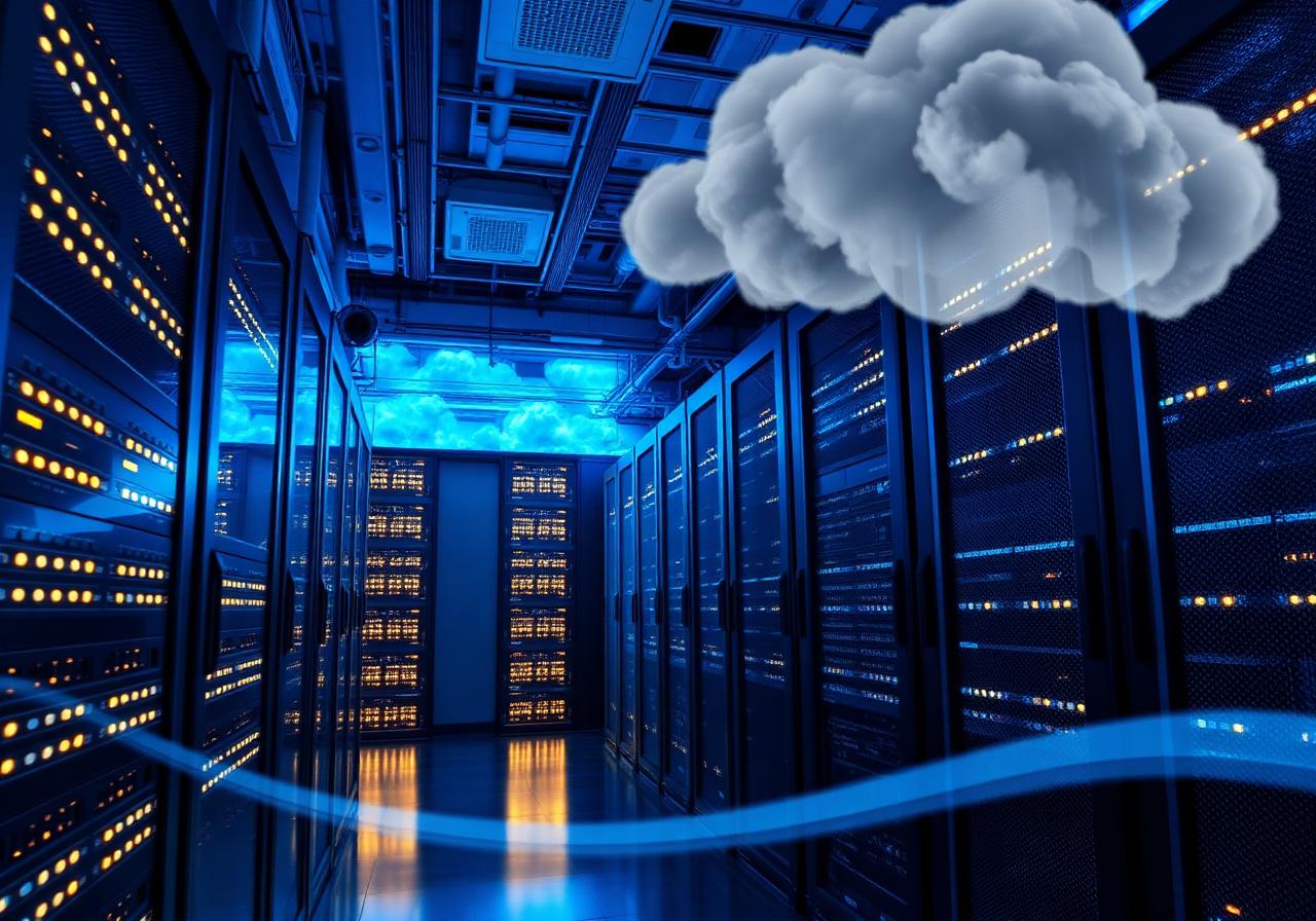 Modern cloud data center with illuminated server racks